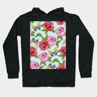 Roses And Butterflies Pattern On Blue Hoodie